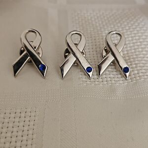Breast Cancer Awareness Ribbion Pins Set Of 3 Silver & Blue